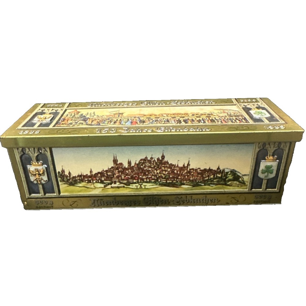 Vtg Nurnberger Elisen-Lebkuchen Embossed Metal Tin w/ Removable Lid 9" x 3" x 3"